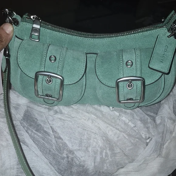 Coach Ashton Mint Green Suede Shoulder Bag with Buckle Pockets NWT - Picture 3 of 11